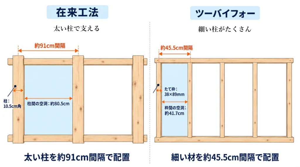 在来とツーバイの柱の太さ